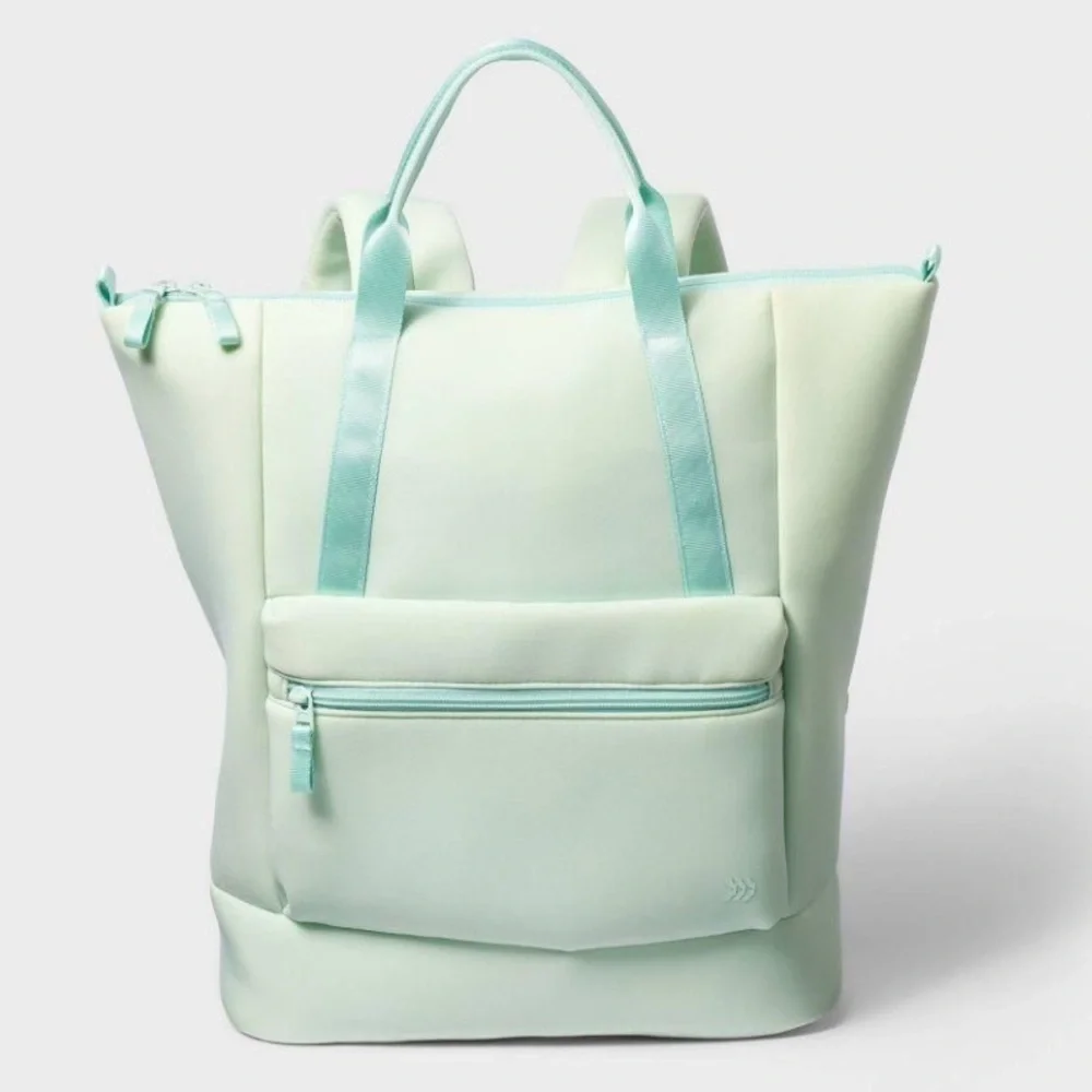 All in Motion16" Faux Neoprene Scuba Tote Backpack Green Blue Luggage Strap - Picture 4 of 6